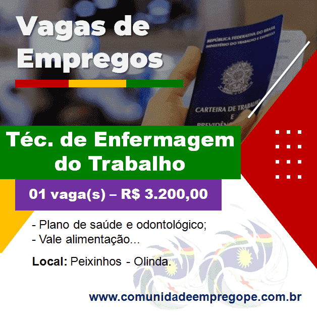 Técnico de Enfermagem do Trabalho salário de R 3 200 00 para