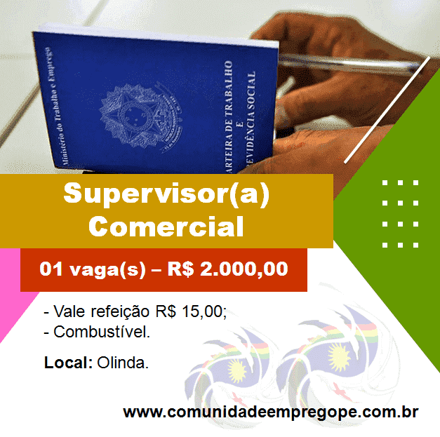 Supervisor(a) Comercial com salário de R$ 2.000,00 para educação em ensino superior.