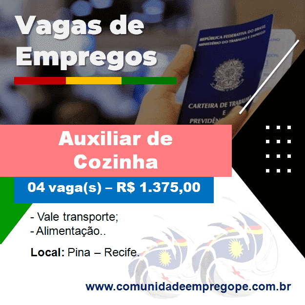 Auxiliar de Cozinha (Produção e Expedição), 04 vagas com salário de R$ 1.375,00 para segmento de bares e restaurantes