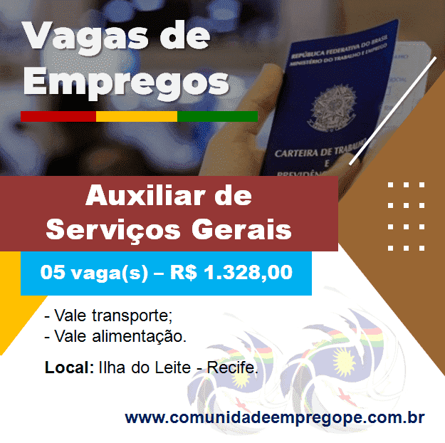 Auxiliar de Serviços Gerais, 05 vagas com salário de R$ 1.328,00 para segmento hospitalar