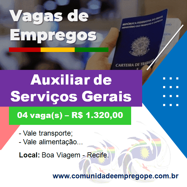 Auxiliar de Serviços Gerais, 04 vagas com salário de R$ 1.320,00 para segmento de delicatessen