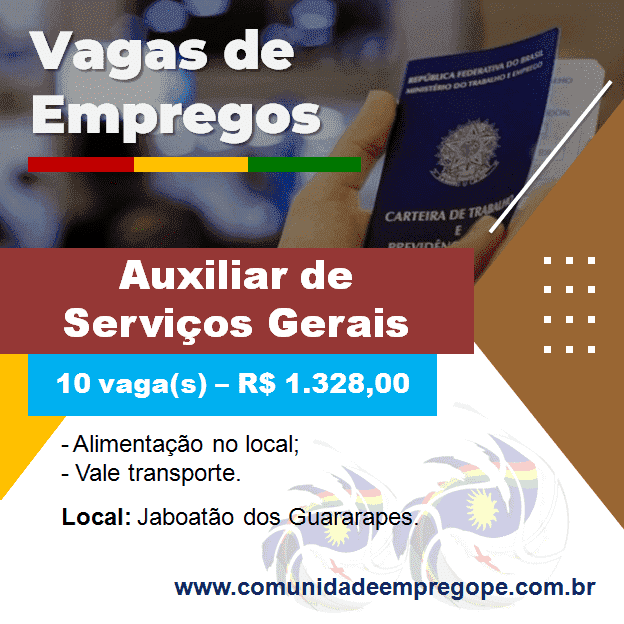 Auxiliar de Serviços Gerais, 10 vagas com salário de R$ 1.328,00 para terceirização de serviços