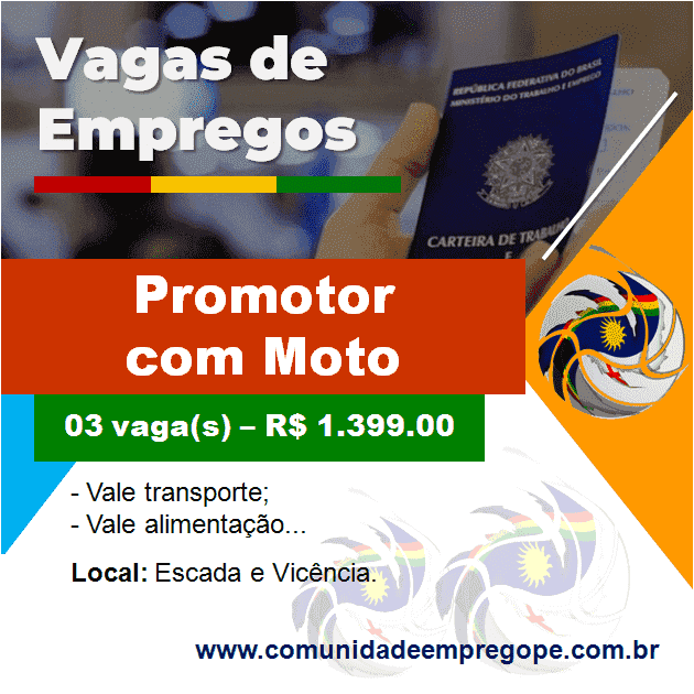 Promotor com Moto, 03 vagas com salário de R$ 1.399.00 para empresa de terceirização