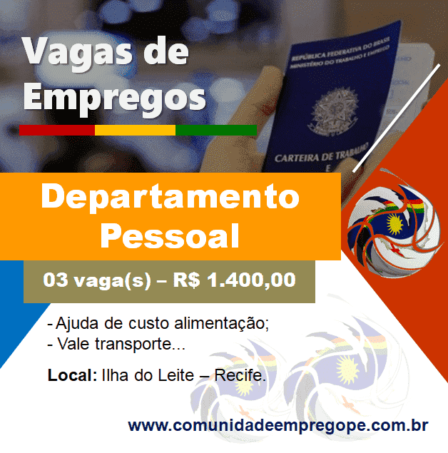 Departamento Pessoal, 03 vagas com salário de R$ 1.400,00 para empresa de contabilidade geral