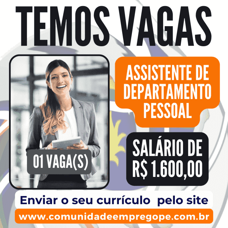 Assistente de Departamento Pessoal com salário de R$ 1.600,00 para escritório de contabilidade