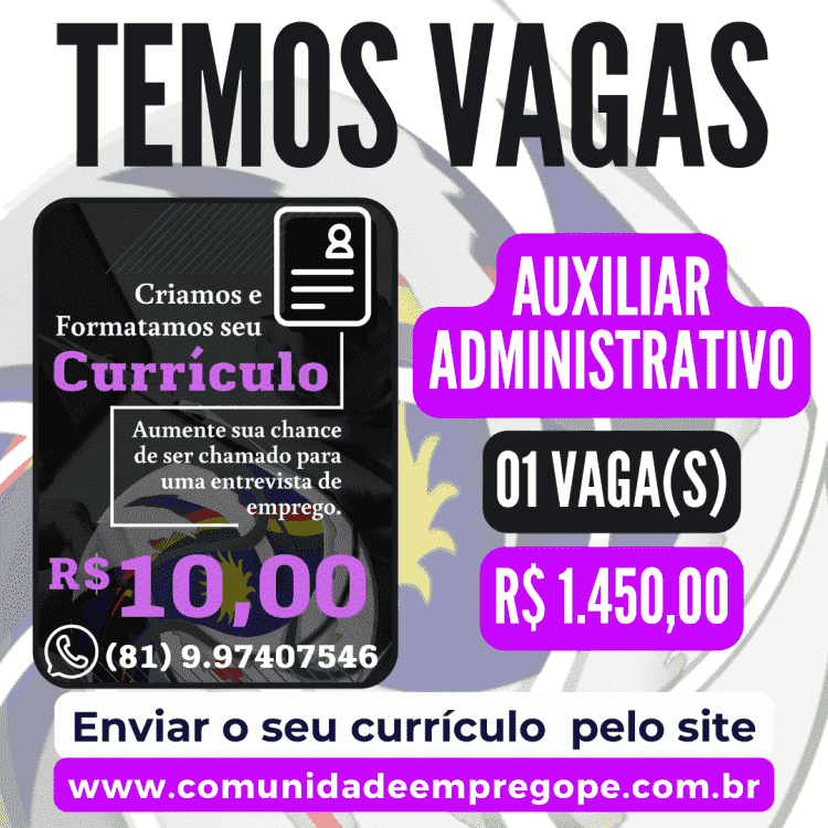 Auxiliar Administrativo Comercial com salário de R$ 1.450,00 para empresa de segmento de indústria alimentícia