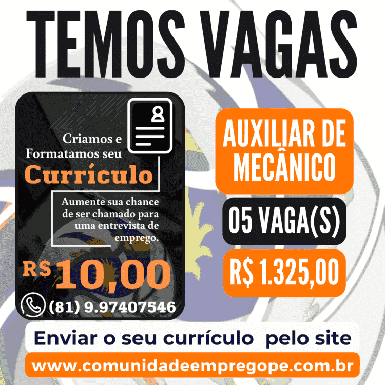 Auxiliar de Mecânico, 05 vagas com salário de R$ 1.325,00 para manutenção e vendas de equipamentos