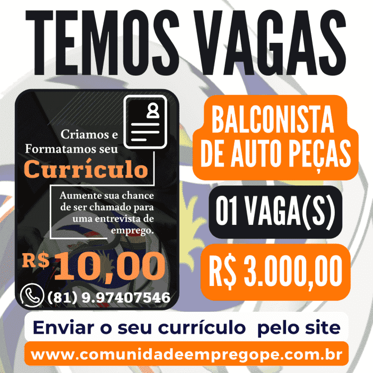 Balconista de Auto Peças com salário de até R$ 3.000,00 para empresa de distribuidora de auto peças