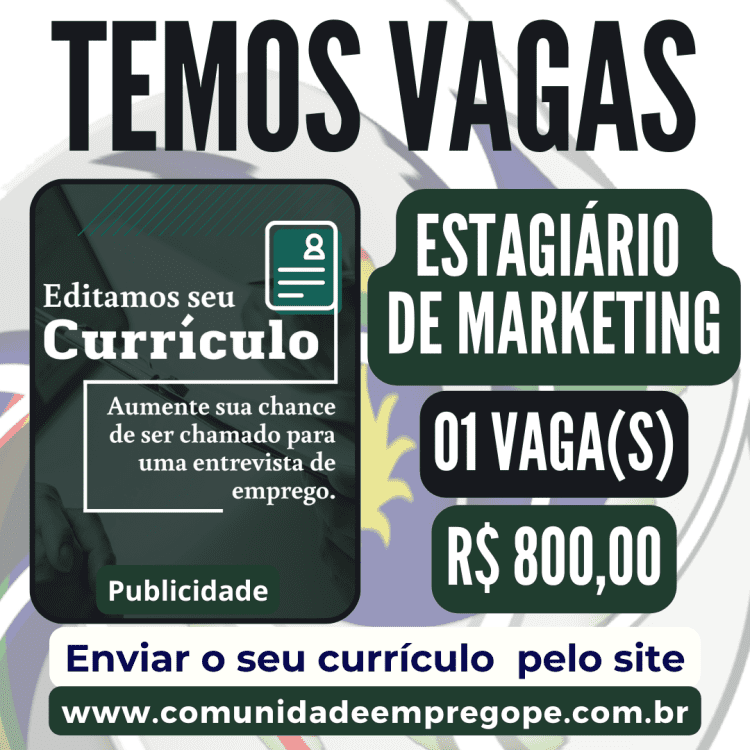 Estagiário de Marketing com bolsa de R$ 800,00 para empresa do segmento educacional