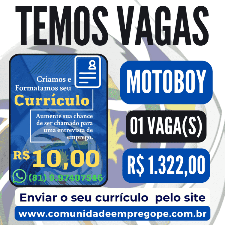 Motoboy com salário de R$ 1.322,00 para empresa do segmento de cursos e consultorias