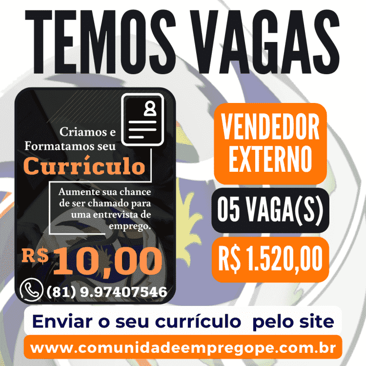 Vendedor Externo de Consórcio, 05 vagas com salário de R$ 1.520,00 para comércio de motocicletas