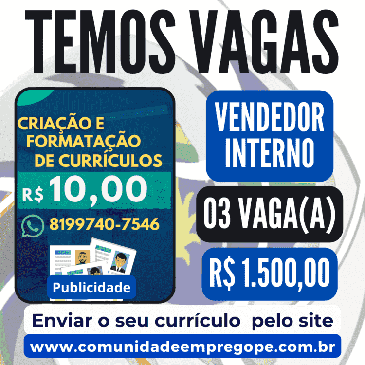 Vendedor Interno, 03 vagas com salário de R$ 1.500,00 para produtos e equipamentos hospitalares