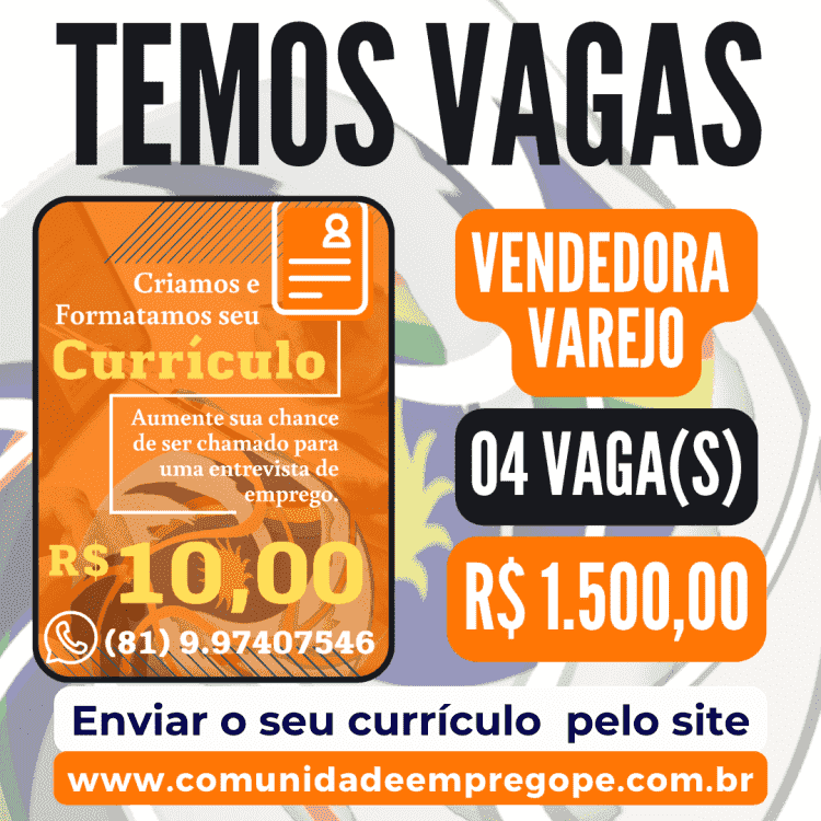 Vendedora Varejo, 04 vagas com salário de R$ 1.500,00 para vendas de varejo em shopping