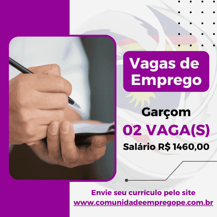 Garçom, 02 vagas com salário de R$ 1460,00 para segmento de barraca de praia com estrutura móvel