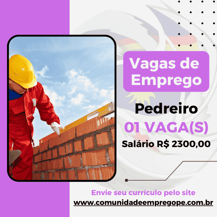 Pedreiro com salário de R$ 2300,00 para empresa do segmento de construção civil