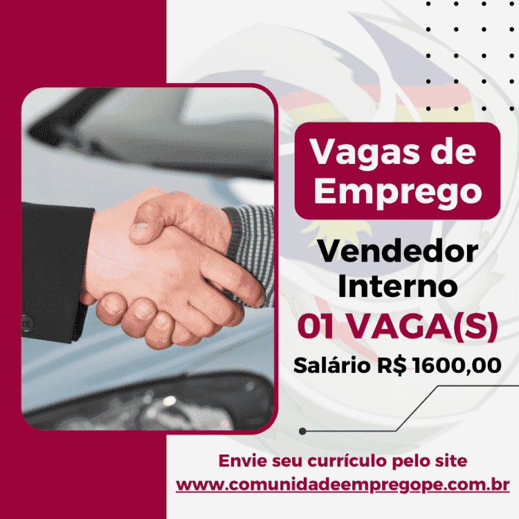 Vendedor Interno, 02 vagas com salário de R$ 1600,00 para empresa de produtos químicos