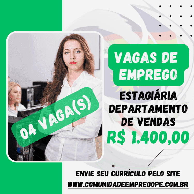 Estagiária Departamento de Vendas, 04 vagas com bolsa de R$ 1400,00 para segemento fitness e wellness