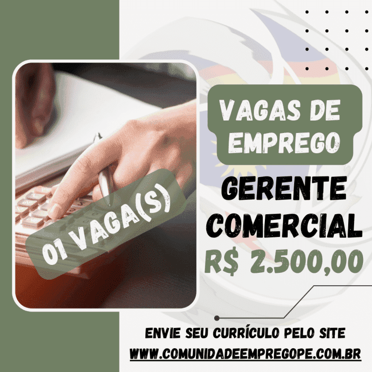 Gerente Comercial com salário de R$ 2500,00 para empresa do segmento de varejo alimentar