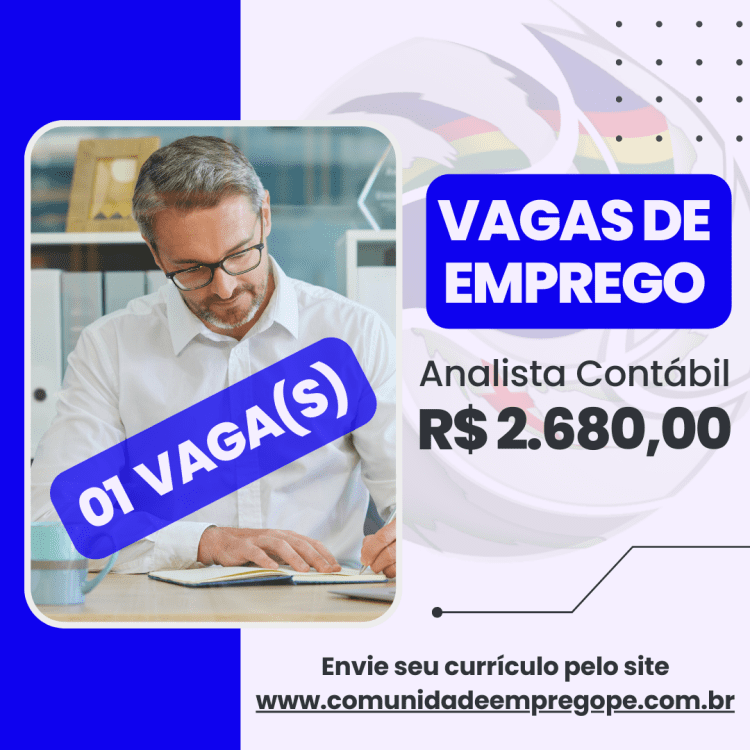 Analista Contábil com salário de R$ 2680,00 para segmento de escritório de contabilidade