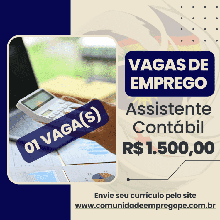 Assistente Contábil com salário de R$ 1500,00 para segmento de serviços de contabilidade geral