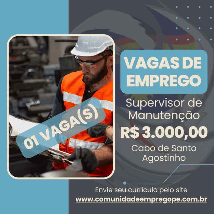 Supervisor de Manutenção com salário de R$ 3000,00 para empresa do segmento industrial/ terceirização