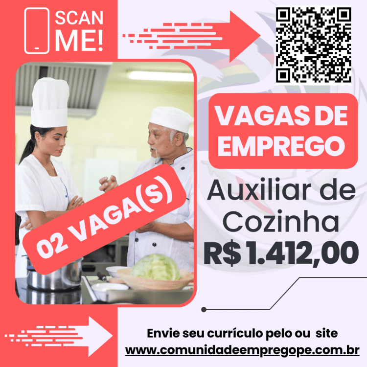 Auxiliar de Cozinha, 02 vagas com salário de R$ 1412,00 para segmento de restaurante e cafeteria
