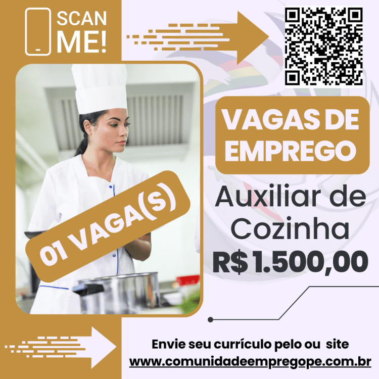 Auxiliar de Cozinha com salário de R$ 1500,00 para empresa do segmento de restaurante