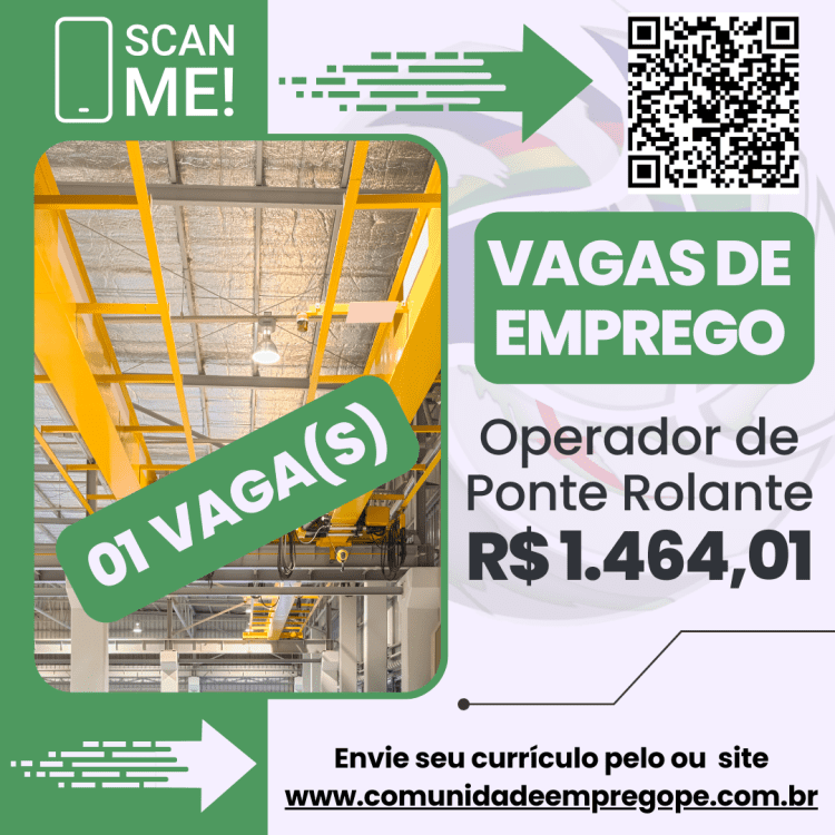 Operador de Ponte Rolante com salário de R$ 1464,01 para segmento de metalúrgica