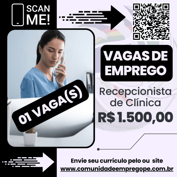 Recepcionista de Clínica com salário de R$ 1500,00 para medicina e segurança do trabalho