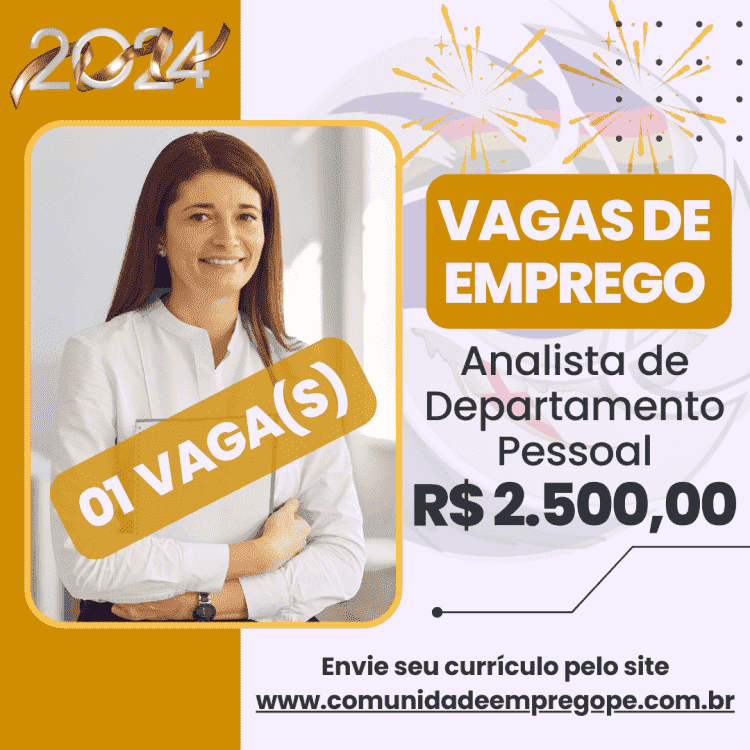 Analista de Departamento Pessoal com salário de R$ 2500,00 para escritório de contabilidade