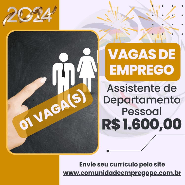 Assistente de Departamento Pessoal com salário de R$ 1600,00 para escritório de contabilidade
