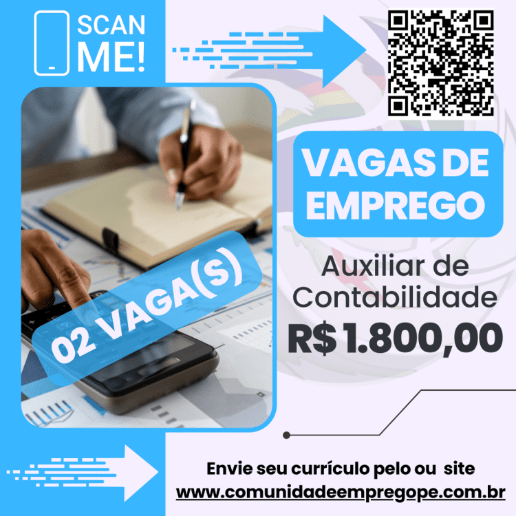 Auxiliar de Contabilidade, 02 vagas com salário de R$ 1800,00 para segmento de escritório de contabilidade