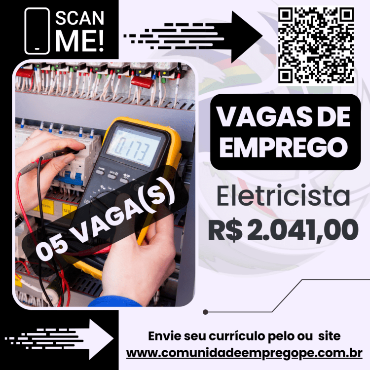 Eletricista, 05 vagas com salário de R$ 2041,00 para construções e serviços de engenharia