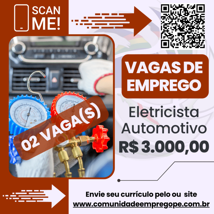 Eletricista Automotivo, 02 vagas com salário de R$ 3000,00 para segmento de transportes rodoviários