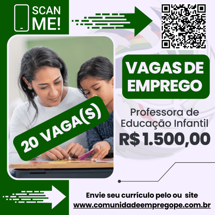 Professora de Educação Infantil, 20 vagas com salário de R$ 1500,00 para segmento de instituição de ensino