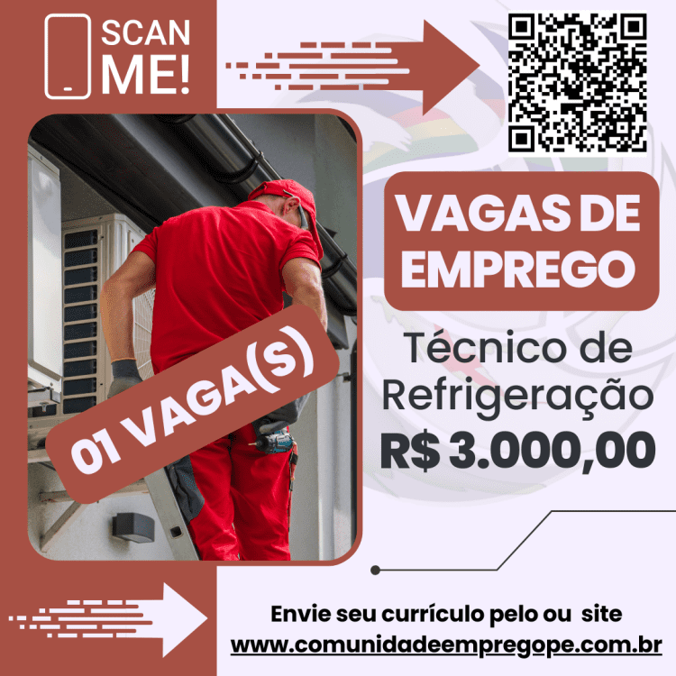 Técnico de Refrigeração com salário de R$ 3000,00 para prestadora de serviço no ramo de manutenção