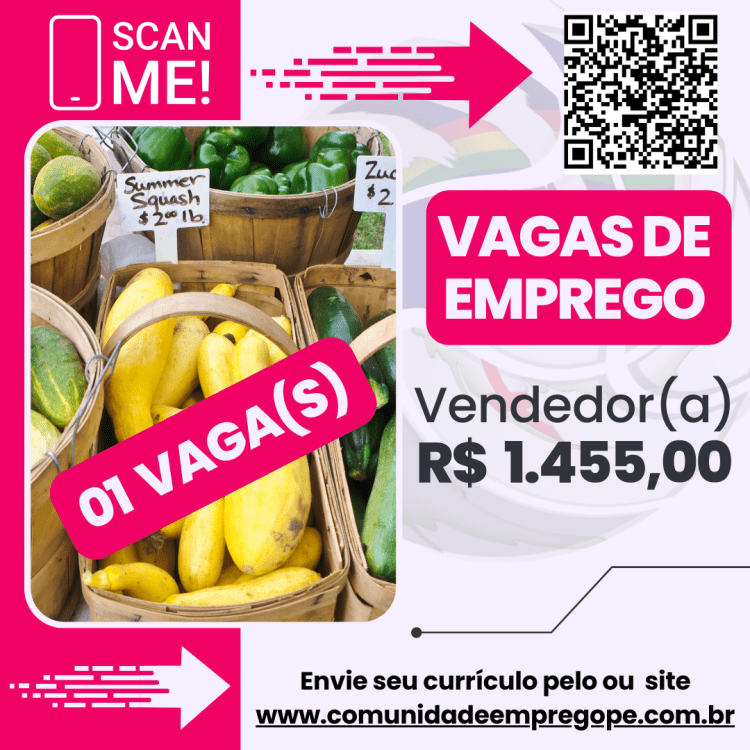 Vendedor(a) com salário de R$ 1455,00 para segmento de comércio de hortifruti
