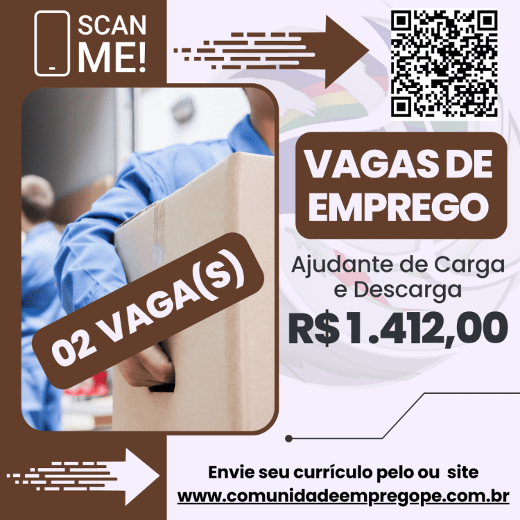 Ajudante de Carga e Descarga, 02 vagas com salário de R$ 1412,00 para segmento de transportes