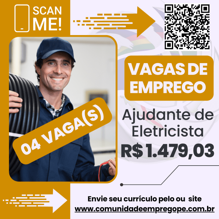 Ajudante de Eletricista, 04 vagas com salário de R$ 1479,03 para segmento industrial