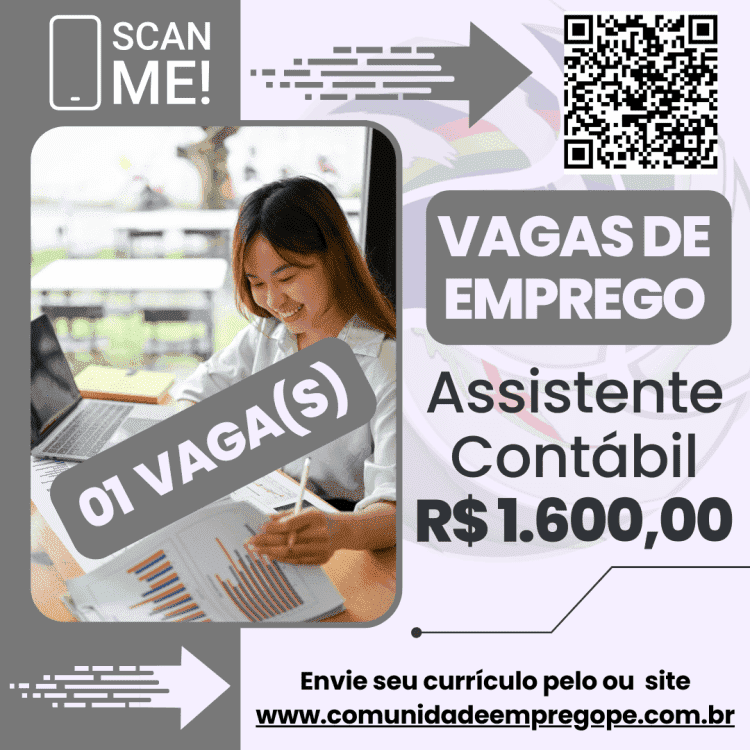 Assistente Contábil com salário de R$ 1600,00 para empresa do segmento contábil