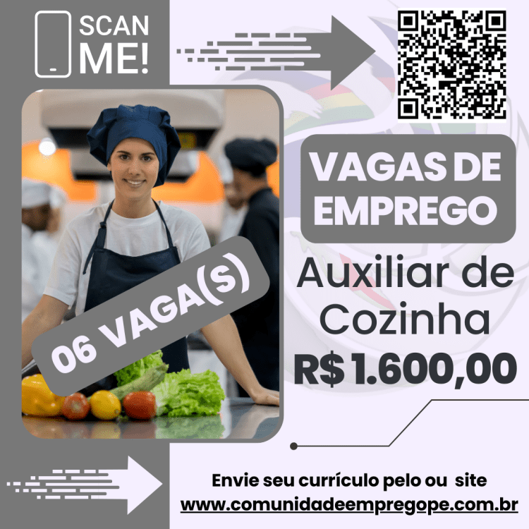 Auxiliar de Cozinha (Foco em Chapa), 06 vagas com salário de R$ 1600,00 para bares e restaurantes de comida típica