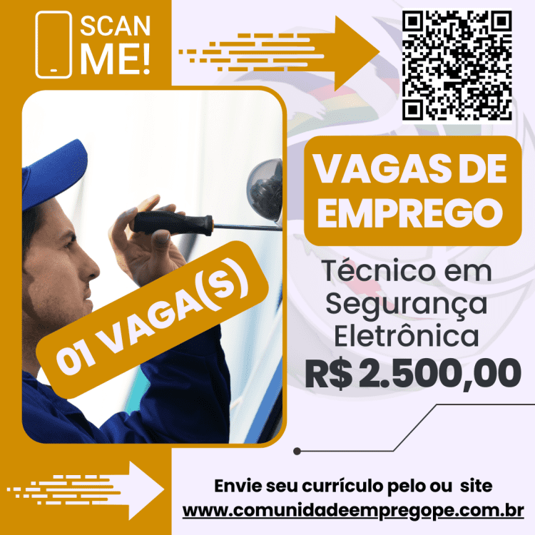 Técnico em Segurança Eletrônica com salário de R$ 2500,00 para empresa de segurança eletrônica