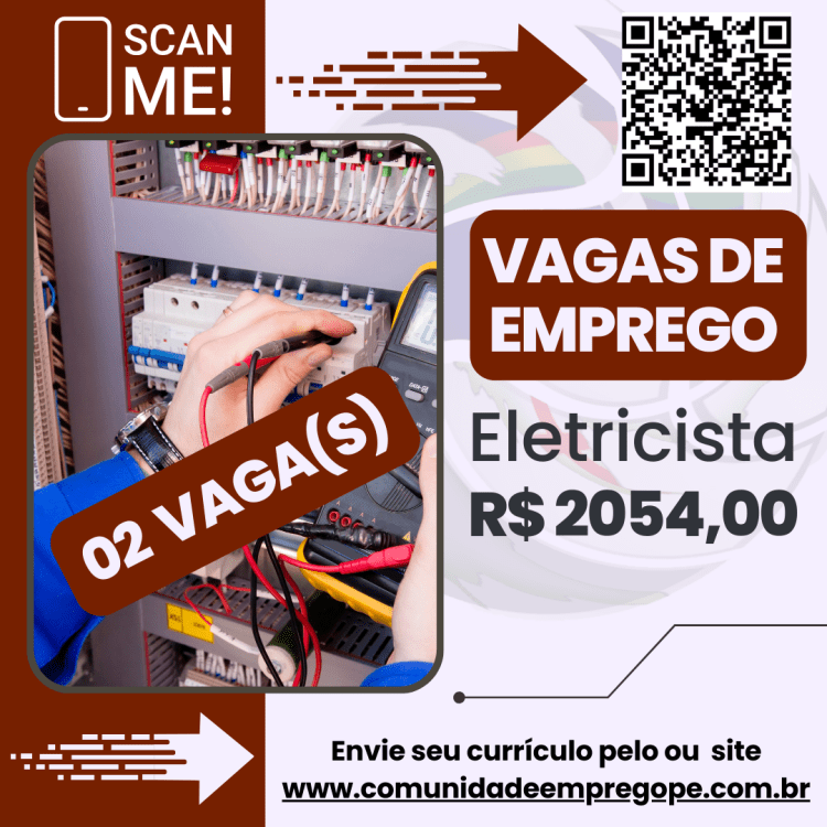 Eletricista, 02 vagas com salário de R$ 2054,00 para ramo de construção civil