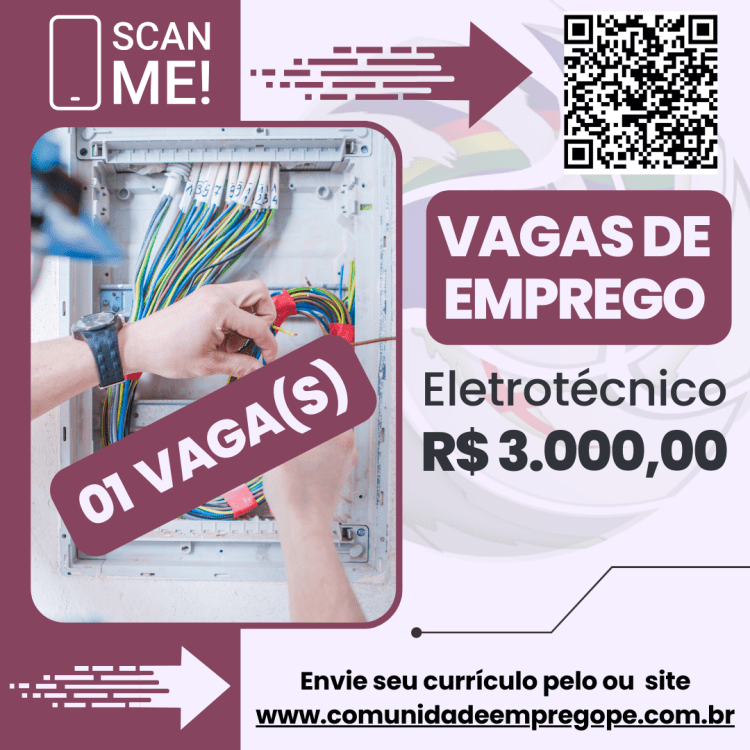 Eletrotécnico com salário de R$ 3000,00 para empresa no segmento de indústria pvc
