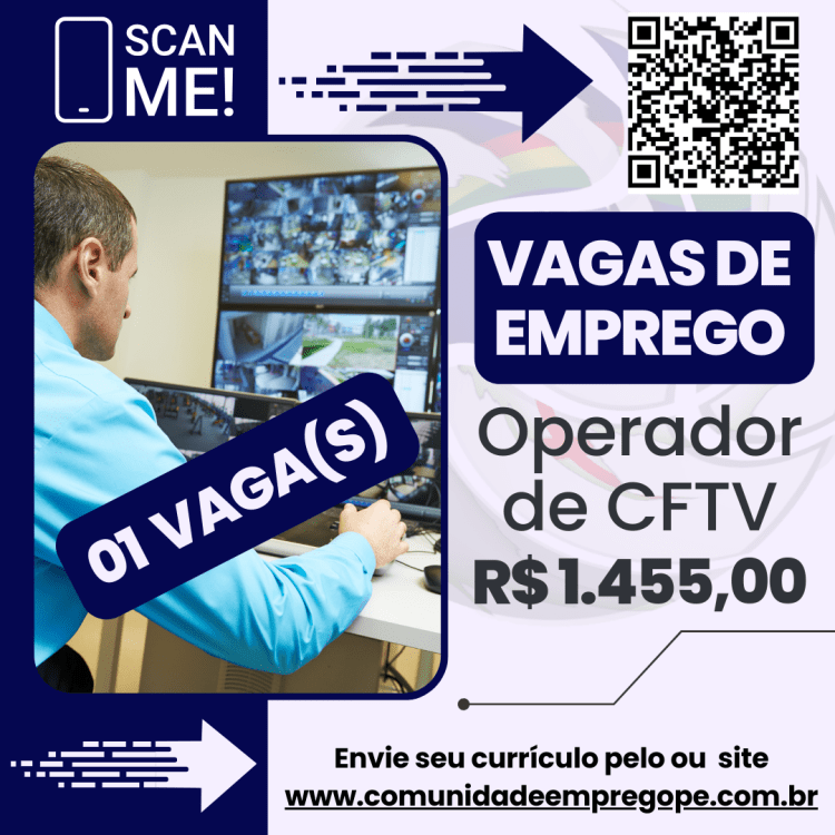 Operador de CFTV com salário de R$ 1455,00 para sistema eletrônicos de segurança