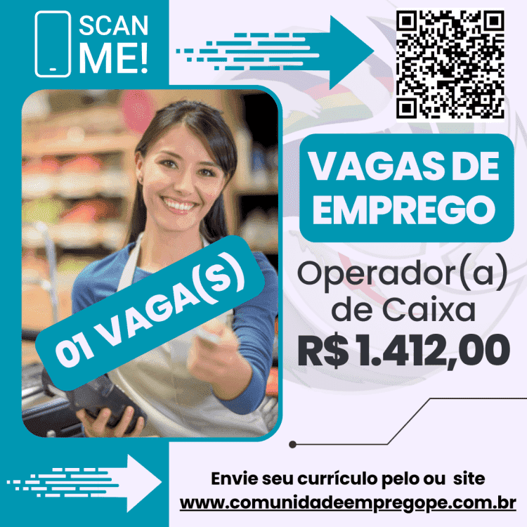 Operador(a) de Caixa com salário de R$ 1412,00 para comércio varejista de mercadorias em geral