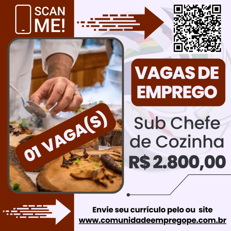 Sub Chefe de Cozinha com salário de R$ 2800,00 para segmento de bar e restaurante
