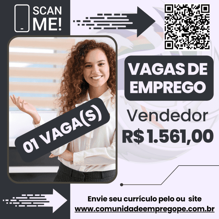 Vendedor, 02 vagas com salário de R$ 1561,00 para segmento de loja de informática