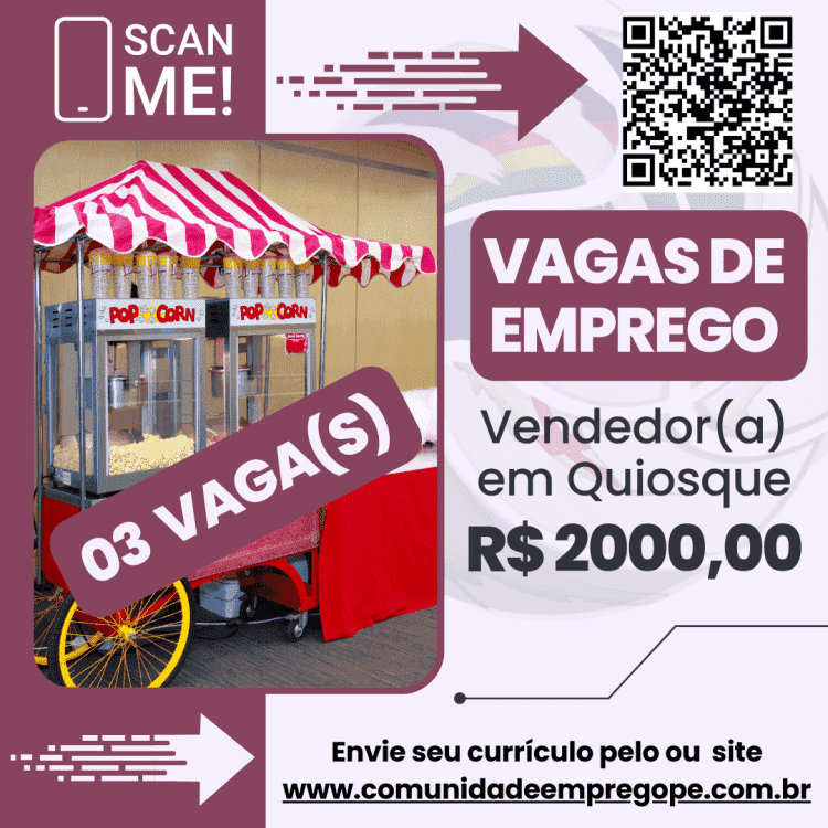 Vendedor(a) em Quiosque, 03 vagas com salário de R$ 2000,00 para atuar em shopping