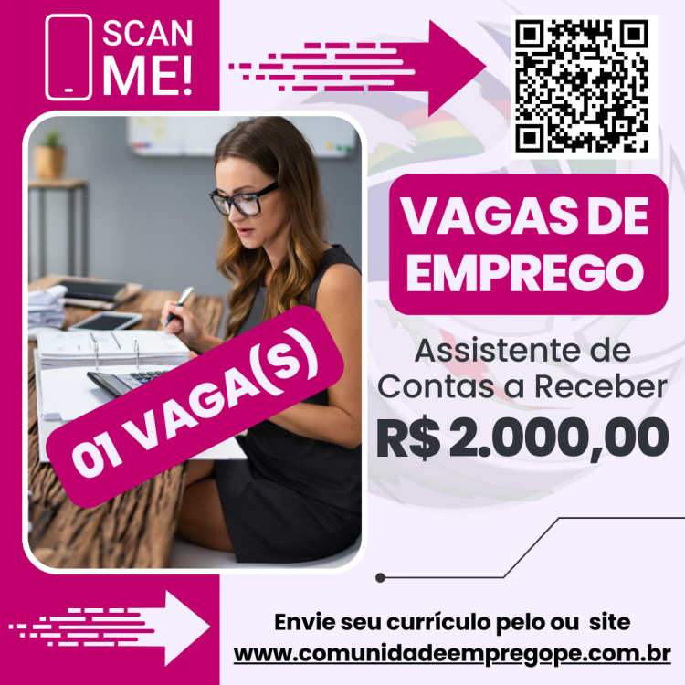 Assistente de Contas a Receber com salário de R$ 2000,00 para mercado de saúde, beleza e bem-estar